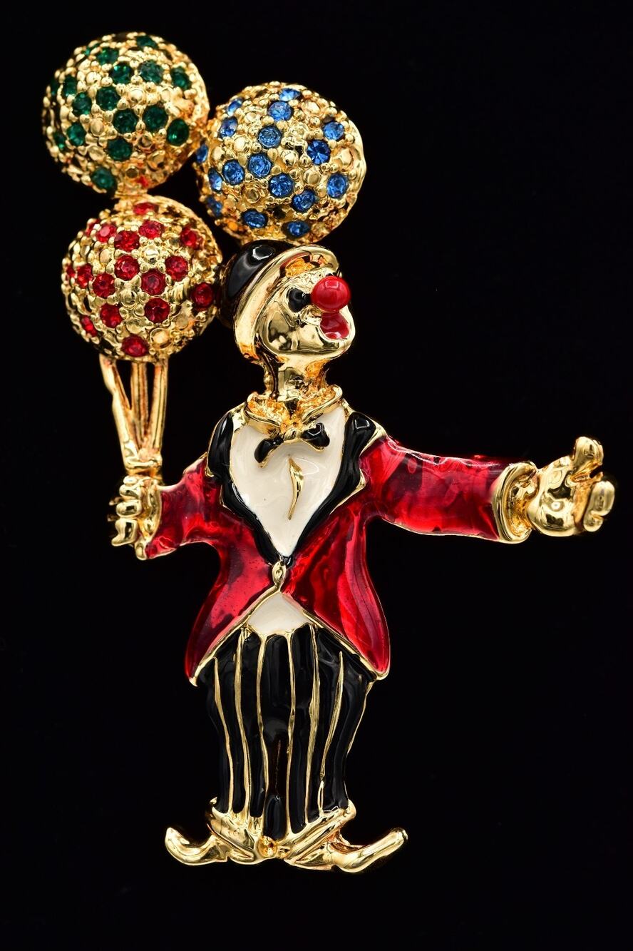 Vintage Happy Clown Balloon Brooch Rhinestone Enamel Figural Circus Pin BinBI